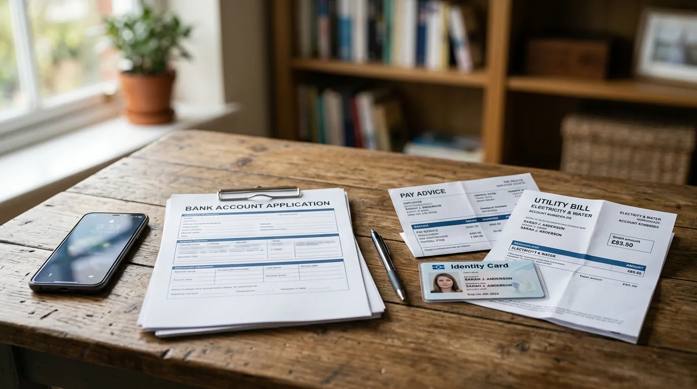Documentos separados sobre uma mesa, com documento de identidade, comprovante de renda, comprovante de endereço, celular e formulários de solicitação organizados