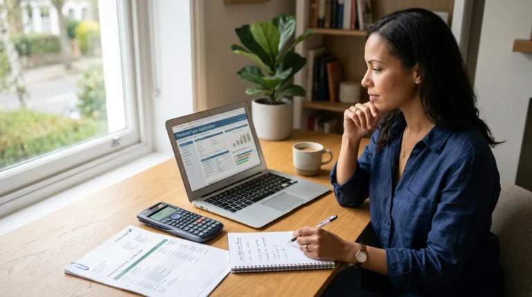 Pessoa revisando uma solicitação de empréstimo pessoal no laptop, com calculadora, extratos bancários e bloco de notas sobre uma mesa limpa